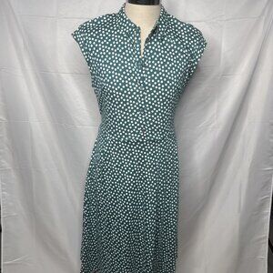 Boden Dress Size US 12 UK 16 Green White Polka Dot Short Sleeve Midi Tie Pockets